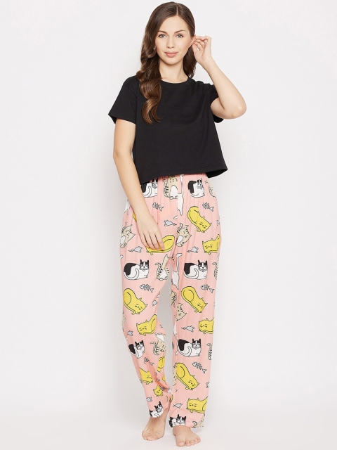 

Clovia Women Black & Pink Printed Pure Cotton Cropped Sleep T-shirt & Pyjama Set