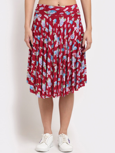 

NEUDIS Women Maroon & Blue Printed A-Line Skater Midi Skirt