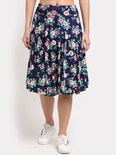 

NEUDIS Women Navy Blue Floral Printed A-Line Skater Midi Skirt