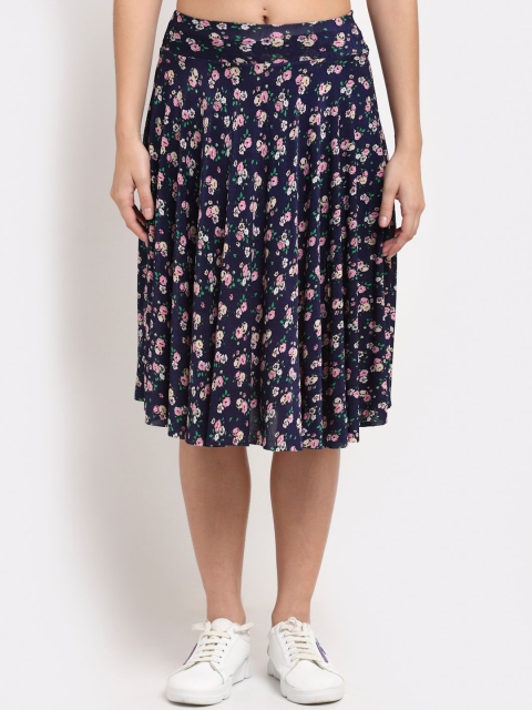 

NEUDIS Women Navy Blue & Pink Floral Printed Flared Midi Skirt