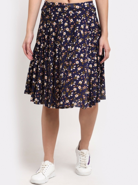 

NEUDIS Women Navy Blue & Pink Printed A-Line Skater Midi Skirt
