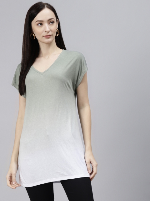 

Marks & Spencer Women Green & White Ombre V-Neck Extended Sleeves T-shirt