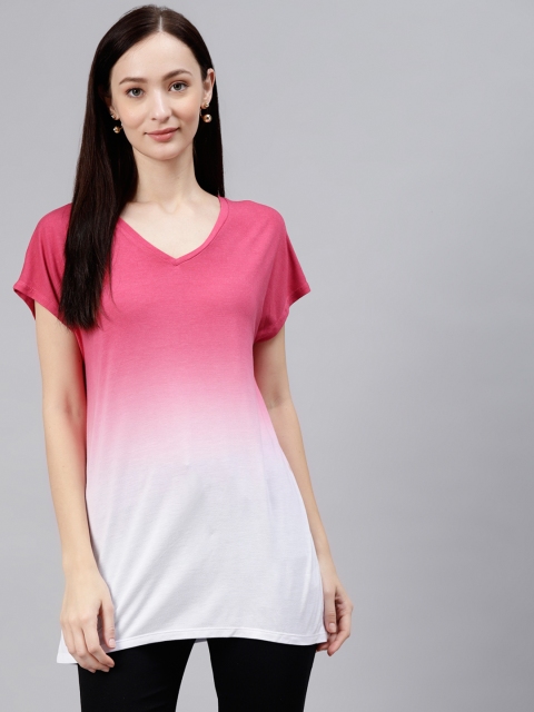 

Marks & Spencer Women Pink & White Ombre V-Neck Extended Sleeves T-shirt