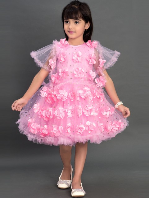 

Pink Chick Pink & Gold-Toned Floral Net A-Line Dress