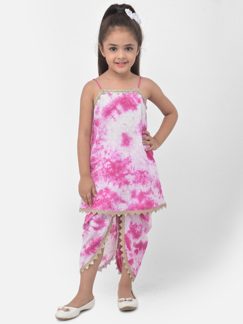 

Eavan Girls Magenta Pink & White Dyed Pure Cotton Tunic With Dhoti Pants