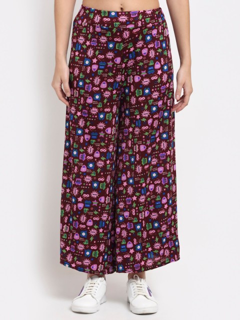 

NEUDIS Women Brown & Pink Printed Knitted Wide Leg Cropped Palazzos