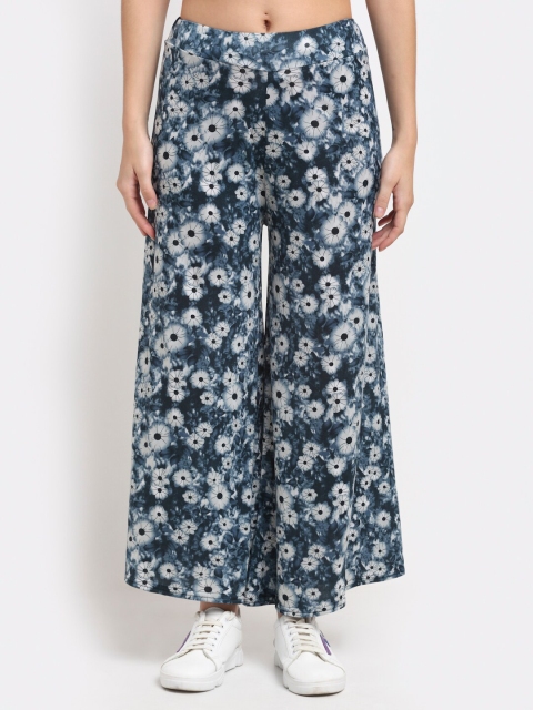 

NEUDIS Women Navy Blue & White Floral Printed Knitted Wide Leg Cropped Palazzos