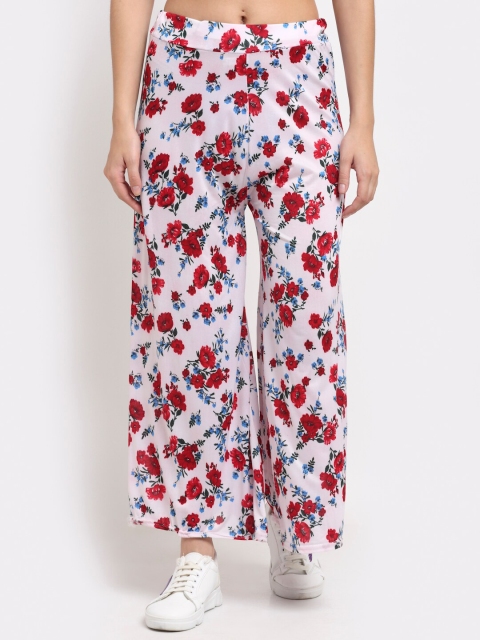

NEUDIS Women White & Red Floral Printed Knitted Wide Leg Cropped Palazzos