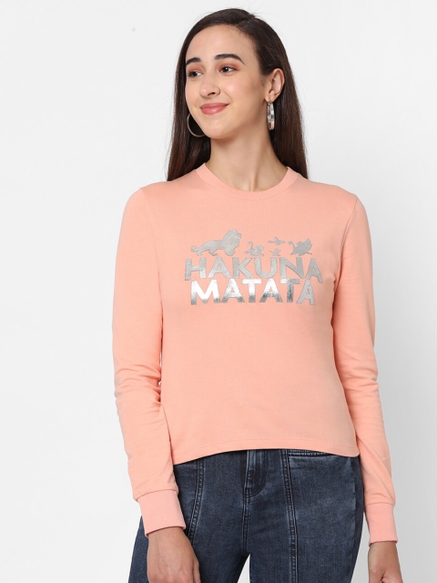

Kraus Jeans Women Peach-Coloured & Silver-Toned Lion King Applique Pure Cotton T-shirt