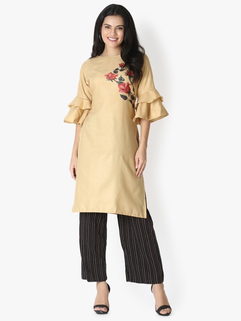 

OM SAI LATEST CREATION Women Beige & Red Floral Digital Printed Bell Sleeves Kurta
