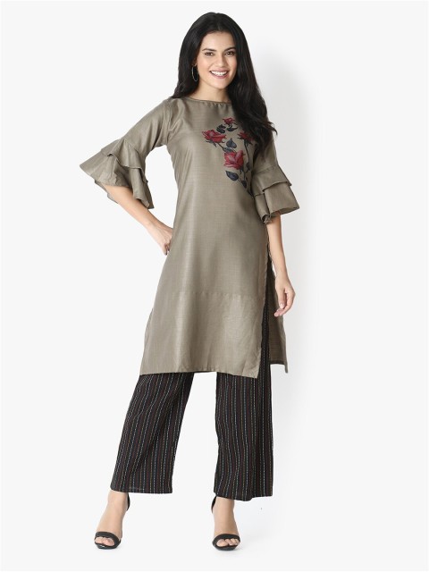 

OM SAI LATEST CREATION Women Olive Green & Red Floral Digitally Printed Bell Sleeves Kurta