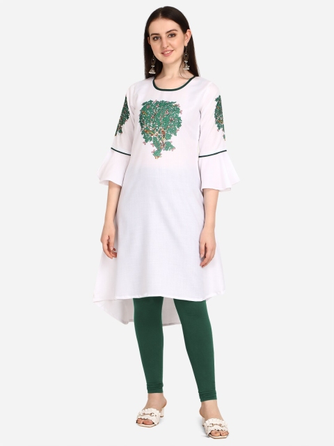 

OM SAI LATEST CREATION Women White & Green Floral Digital Printed Bell Sleeves Kurta