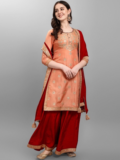 

Seerat Women Peach-Coloured & Maroon Embroidered Sequinned Pure Silk Kurta Set & Dupatta