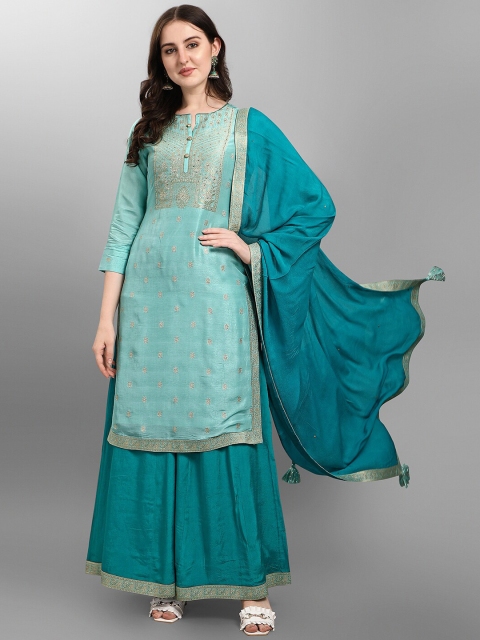 

Seerat Women Sea Green & Teal Green Floral Regular Pure Silk Kurta With Sharara & Dupatta