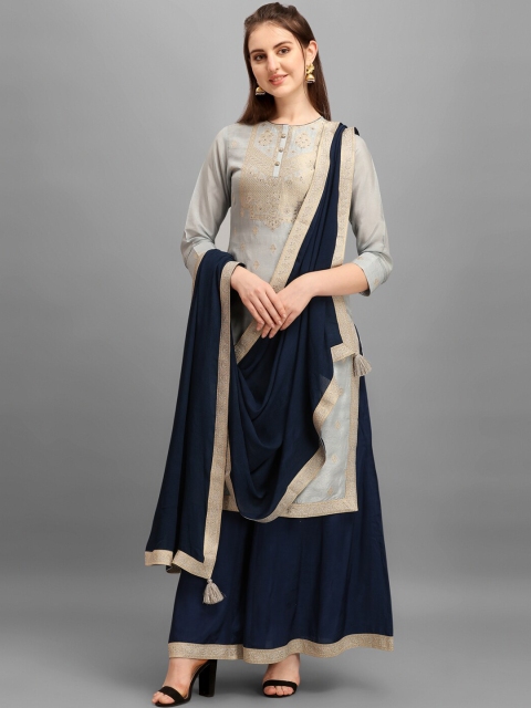 

Seerat Women Grey & Navy Blue Floral Regular Pure Silk Kurta With Sharara & Dupatta