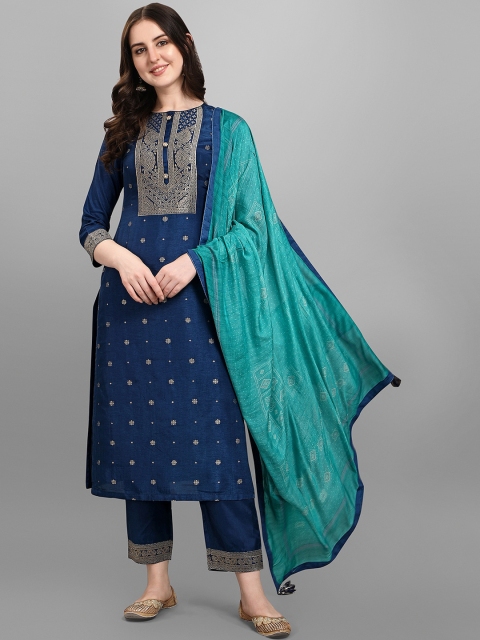 

Seerat Women Blue & Teal Green Ethnic Motifs Pure Silk Kurta With Palazzos & Dupatta