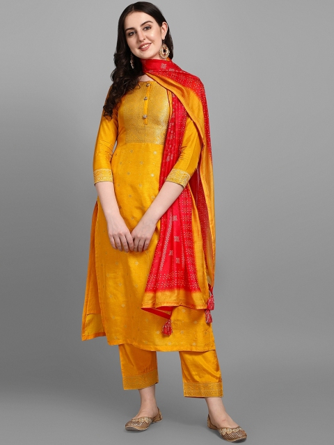 

Seerat Women Mustard Yellow & Red Ethnic Motifs Pure Silk Kurta With Palazzos & Dupatta