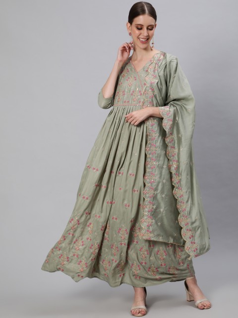 

Ishin Women Green & Pink Embroiered Anarkali Kurta with Dupatta