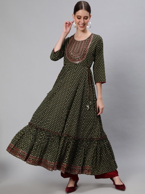 

Ishin Women Olive Green Ethnic Motifs Embroidered Anarkali Kurta