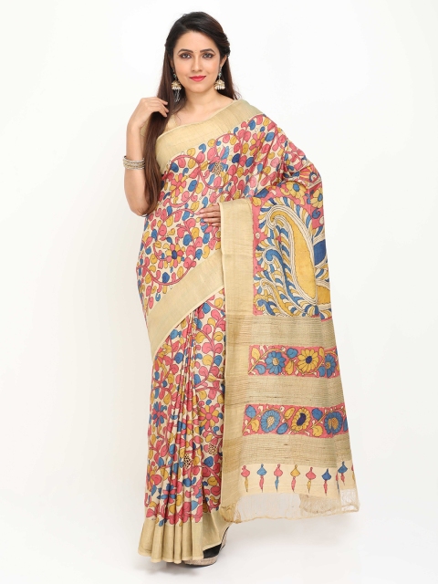 

SABOO COLLECTIONS Beige & Red Kalamkari Zari Pure Silk Tussar Saree