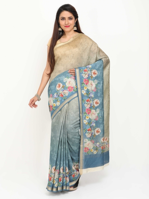 

SABOO COLLECTIONS Blue & Beige Floral Zari Pure Silk Half & Half Muga Saree