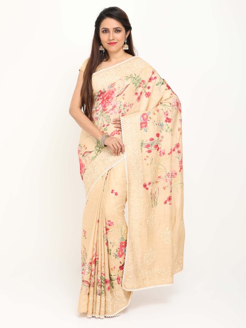 

SABOO COLLECTIONS Beige & Pink Floral Printed Pure Silk Tussar Saree