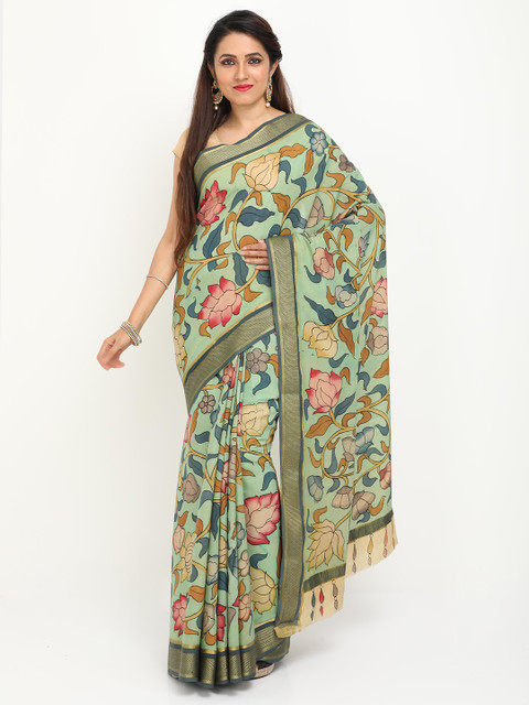 

SABOO COLLECTIONS Green & Red Kalamkari Zari Pure Crepe Mysore Silk Saree