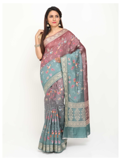 

SABOO COLLECTIONS Green & Pink Floral Zari Pure Silk Half & Half Muga Saree
