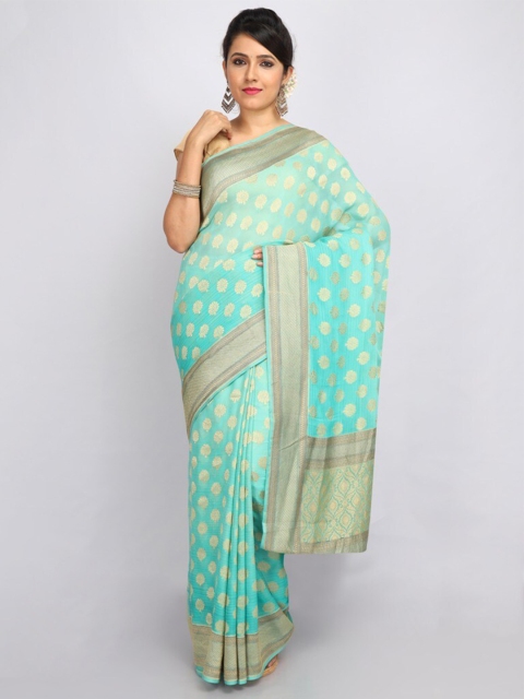 

SABOO COLLECTIONS Turquoise Blue & Gold-Toned Ethnic Motifs Zari Pure Silk Banarasi Saree