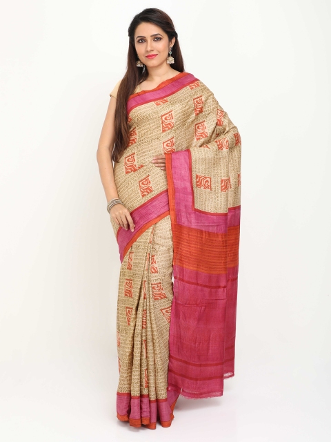 

SABOO COLLECTIONS Beige & Pink Printed Pure Silk Tussar Saree