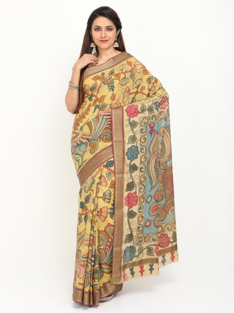 

SABOO COLLECTIONS Mustard Yellow & Brown Kalamkari Zari Pure Crepe Mysore Silk Saree