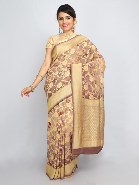 

SABOO COLLECTIONS Taupe & Gold-Toned Floral Zari Pure Silk Banarasi Saree