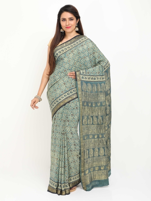 

SABOO COLLECTIONS Green & Gold-Toned Ajrak Zari Pure Crepe Mysore Silk Saree