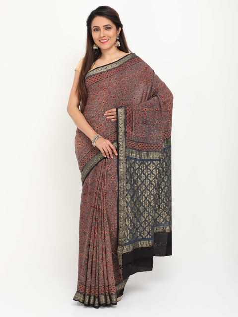 

SABOO COLLECTIONS Grey & Black Printed Zari Pure Crepe Mysore Silk Saree