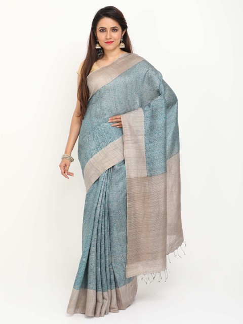 

SABOO COLLECTIONS Blue & Grey Pure Silk Tussar Saree