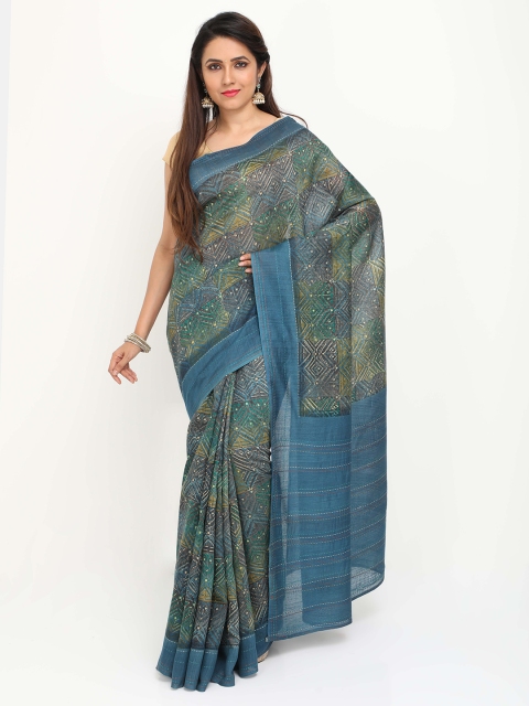 

SABOO COLLECTIONS Grey & Blue Printed Pure Silk Tussar Saree