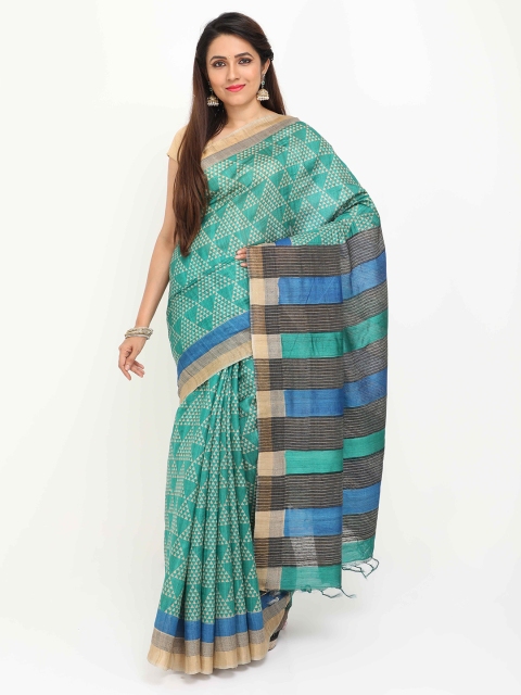 

SABOO COLLECTIONS Green & Beige Printed Zari Pure Silk Tussar Saree