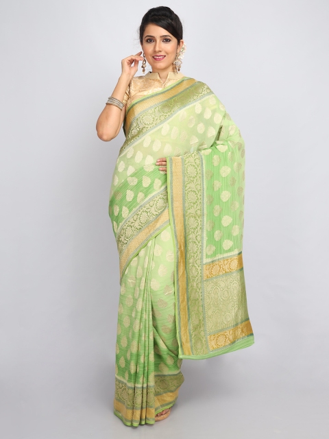 

SABOO COLLECTIONS Green & Gold-Toned Ethnic Motifs Zari Pure Silk Banarasi Saree