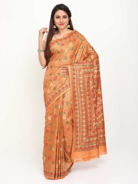 

SABOO COLLECTIONS Mustard Yellow & Red Floral Printed Pure Silk Tussar Saree