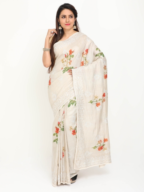 

SABOO COLLECTIONS Beige & Red Floral Printed Pure Silk Tussar Saree