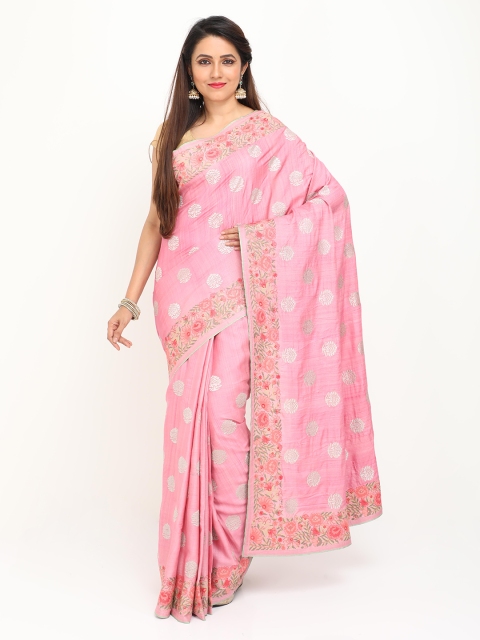 

SABOO COLLECTIONS Pink & White Ethnic Motifs Printed Pure Silk Tussar Saree