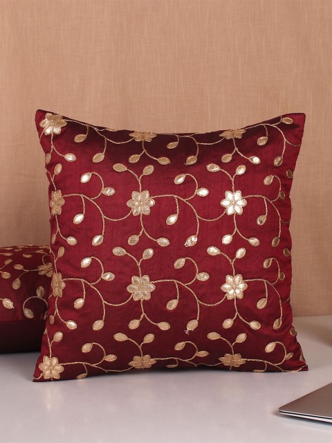 

Molcha Burgundy & Gold-Toned Set of 2 Gotta Patti Embroidered Square Cushion Covers