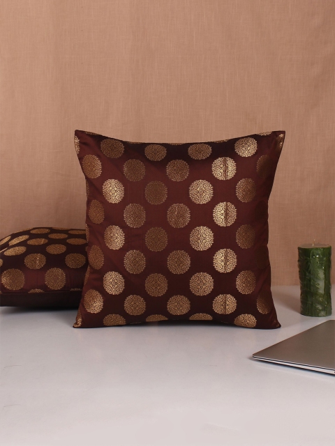 

Molcha Brown & Gold-Toned Set of 2 Ethnic Motifs Square Banarasi Cushion Covers