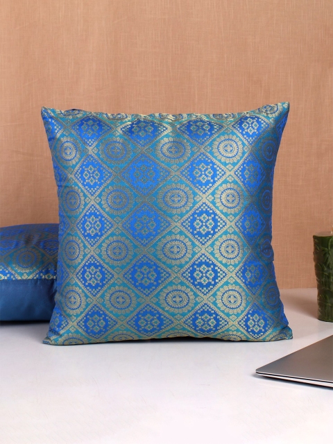 

Molcha Blue & Gold-Toned Set of 2 Ethnic Motifs Square Banarasi Cushion Covers