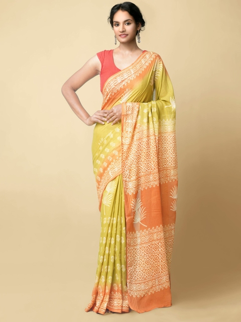 

Unnati Silks Women Green & Orange Pure Preet Block Printed Kota Cotton Saree