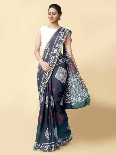 

Unnati Silks Women Black & White Pure Preet Block Printed Mulmul Cotton Sustainable Saree