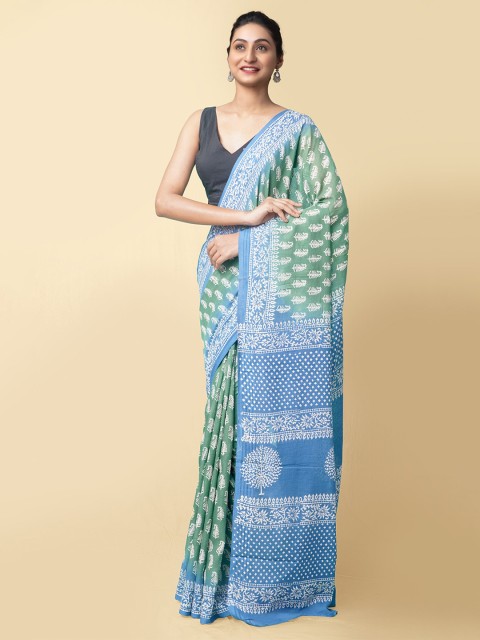 

Unnati Silks Green & Blue Floral Printed Handloom Zari Pure Cotton Kota Saree