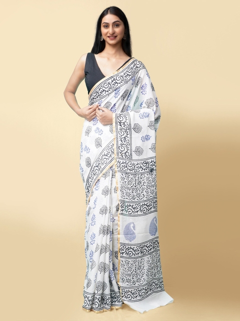 

Unnati Silks Women White & Black Pure Preet Block Printed Mulmul Cotton Sustainable Saree