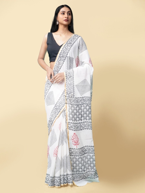 

Unnati Silks White & Black Printed Handloom Zari Pure Cotton Block Print Saree
