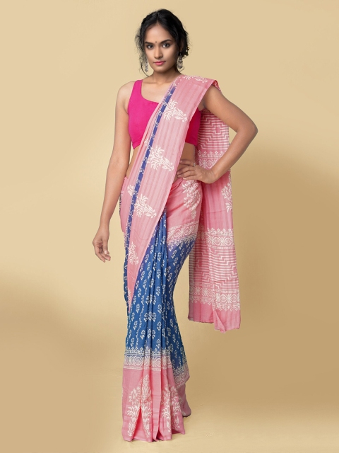 

Unnati Silks Women Blue & Pink Pure Preet Block Printed Kota Cotton Saree